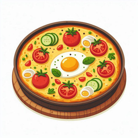 Pizza with egg, tomato and cucumber. Vector illustration.のイラスト素材