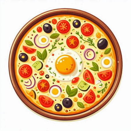 Pizza with egg, tomato and olives. Vector illustration.のイラスト素材