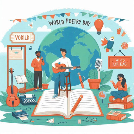Vector illustration of World music day with people playing guitar and reading bookのイラスト素材
