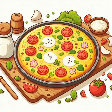 Illustration of a pizza on a wooden board with ingredients for cookingのイラスト素材