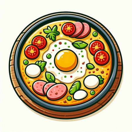 Pizza with fried egg and sausages. Vector illustration.のイラスト素材