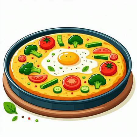 Illustration of a pizza with eggs and vegetables on a white backgroundのイラスト素材