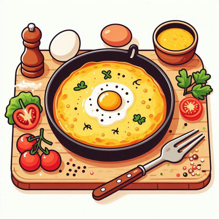 Eggs in a frying pan on a wooden board. Vector illustration.のイラスト素材