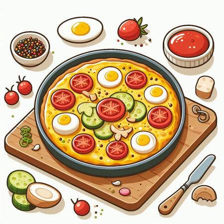 Illustration of a pizza with tomatoes, eggs, cucumbers and mushroomsのイラスト素材