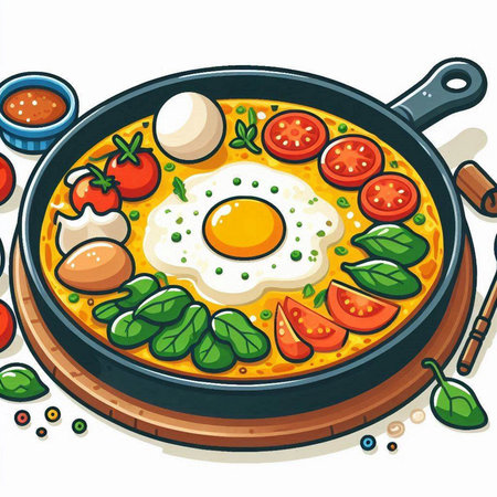 Illustration of a Fried Egg in a Pan with Tomatoes and Basilのイラスト素材