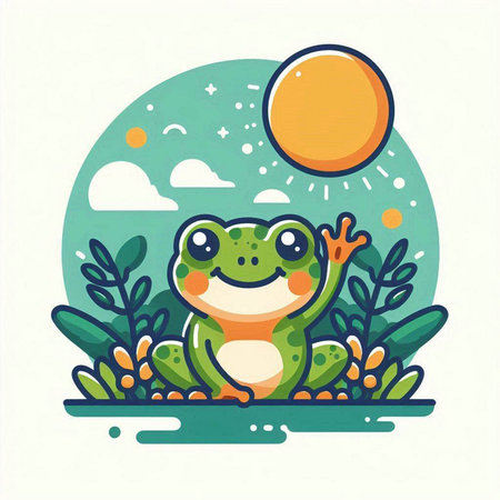 Frog in the garden. Vector illustration of a cartoon frog.のイラスト素材