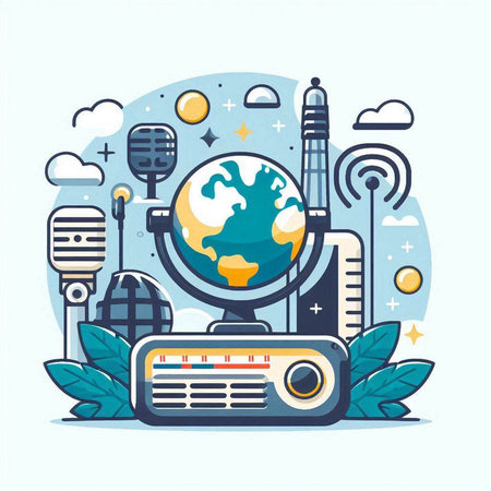 Vector illustration of Radio set with earth globe. Flat style design.のイラスト素材