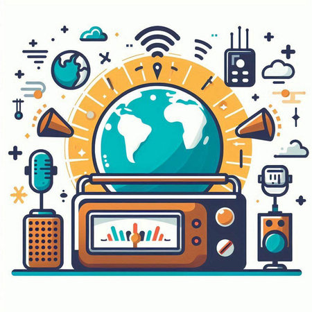 Vector illustration of flat line art radio set with world globe and iconsのイラスト素材