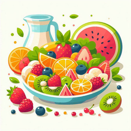 Fruit salad in a bowl. Vector illustration of a healthy food.のイラスト素材