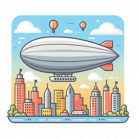 Vector illustration of urban landscape with flying airship in flat style.のイラスト素材