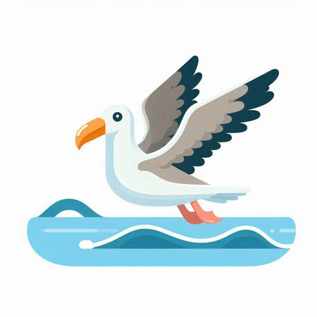 Seagull on the surfboard. Vector illustration in flat styleのイラスト素材