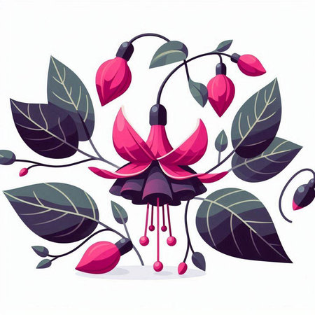 Fuchsia flower with leaves. Vector illustration in cartoon style.のイラスト素材