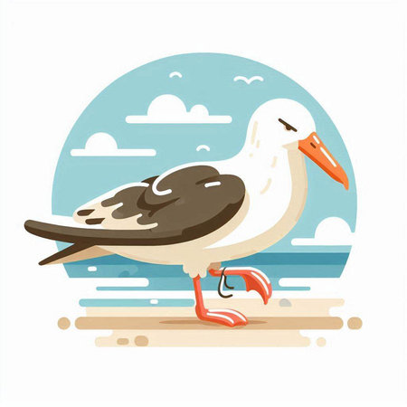 Seagull on the beach. Vector illustration in flat style.のイラスト素材