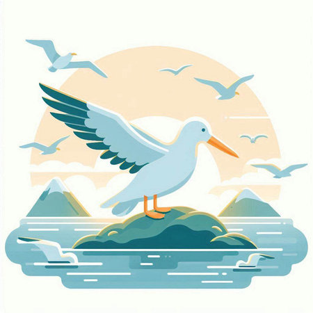 Seagull on a rock in the sea. Vector illustration.のイラスト素材