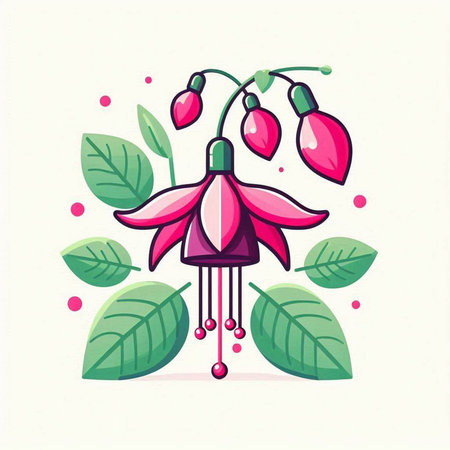 Fuchsia flower and leaves. Vector illustration in cartoon style.のイラスト素材