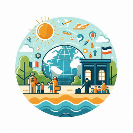 Traveling around the world concept. Vector illustration in flat style.のイラスト素材
