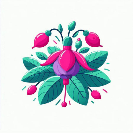 Fuchsia flower with leaves. Vector illustration in cartoon style.のイラスト素材