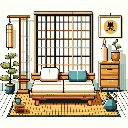 Interior of a room in chinese style. Vector illustration.のイラスト素材