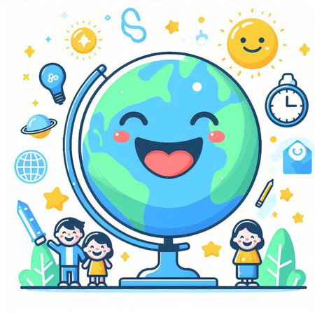 Vector illustration of kids holding globe and smiling. Flat style design.のイラスト素材