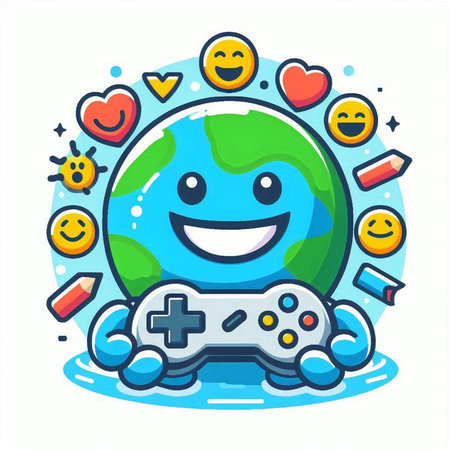 Vector illustration of cartoon funny earth character playing video game on white backgroundのイラスト素材