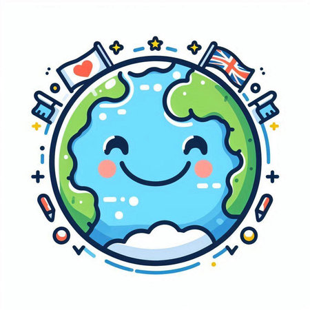 Cartoon planet earth with happy face and flags. Vector illustration.のイラスト素材