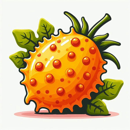 Illustration of orange kiwano with green leaves on white backgroundのイラスト素材