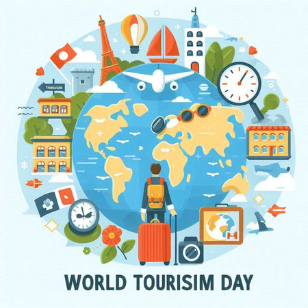 World Tourism Day. Flat design style vector illustration on blue background.のイラスト素材