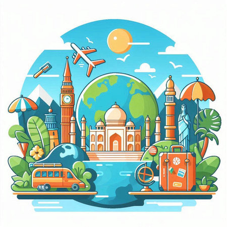 Travel around the world. Vector illustration in flat design style. Tourist attractions.のイラスト素材