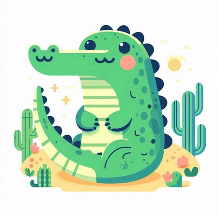 Cute crocodile with cactus. Vector illustration on white background.のイラスト素材