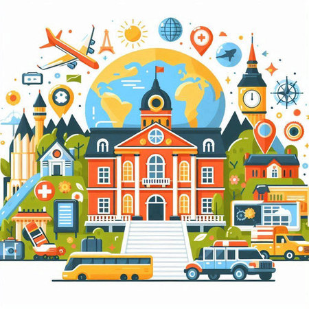 School and travel concept. Vector illustration in flat design style. Isolated on white background.のイラスト素材