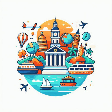 Travel around the world. Vector illustration in flat cartoon style on white background.のイラスト素材