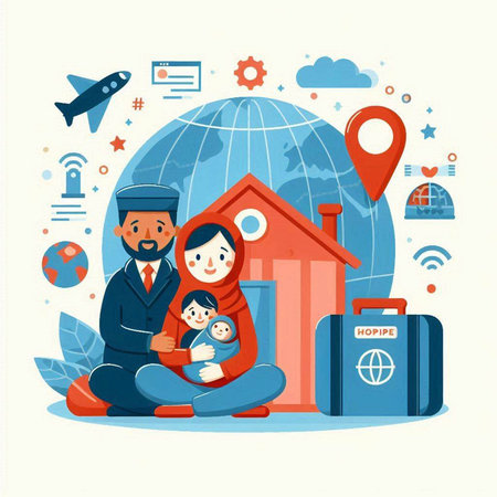 Happy family traveling around the world. Dad, mom and daughter sitting on the ground near the house. Vector illustrationのイラスト素材