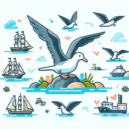 Seagull, seagulls, ships and sea. Vector illustration.のイラスト素材