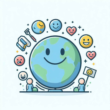 Vector illustration of happy earth with social media icons. Line art design for web, site, advertising, banner, poster, board and print.のイラスト素材