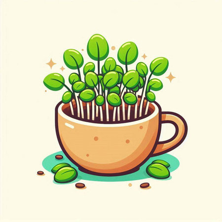 Cute green microgreens in a cup. Vector illustration.のイラスト素材
