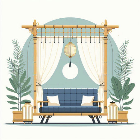 Vector illustration of a cozy wooden swing with a sofa and pillows.のイラスト素材