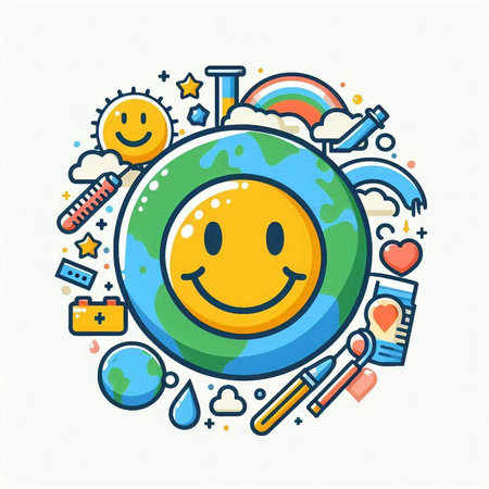 Colorful flat line art vector illustration of planet earth with happy smiling face, water drops and other elements.のイラスト素材