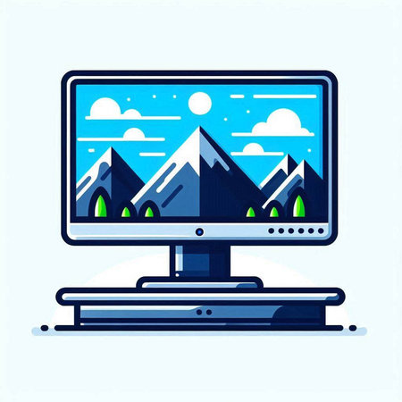 Computer monitor with mountains on the screen. Modern flat vector illustration.のイラスト素材