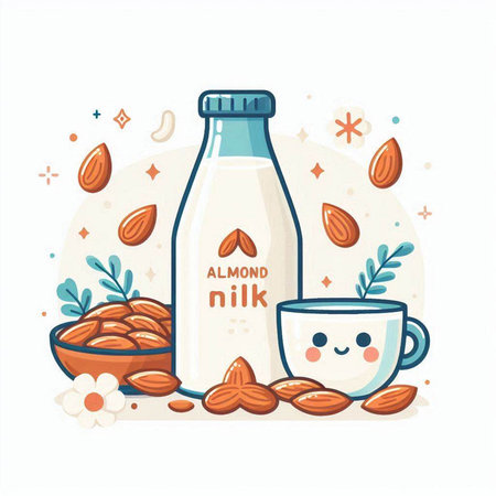 Almond milk in a bottle and a cup. Vector illustration.のイラスト素材
