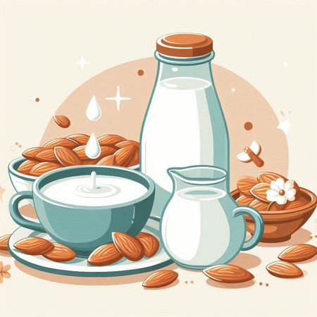 Almond milk with almonds and jug of milk. Vector illustration.のイラスト素材