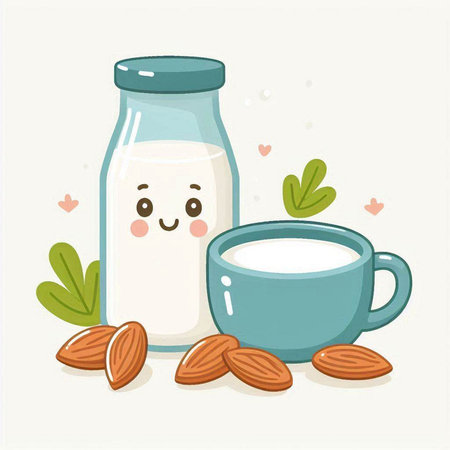 Cute cartoon milk bottle with almonds and cup of milk. Vector illustration.のイラスト素材
