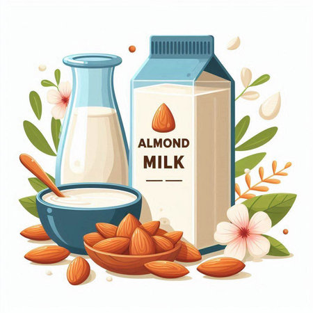 Almond milk in a glass bottle and bowl. Vector illustration.のイラスト素材