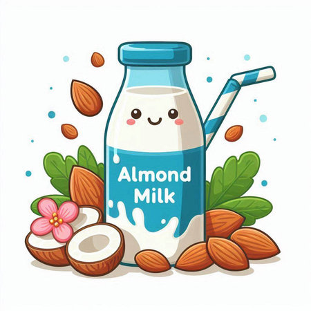 Milk in a bottle with nuts and fruits. Vector illustration.のイラスト素材