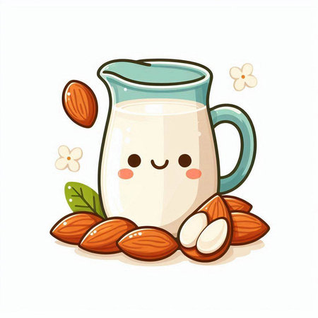 Almond milk in a jug. Vector illustration on white background.のイラスト素材