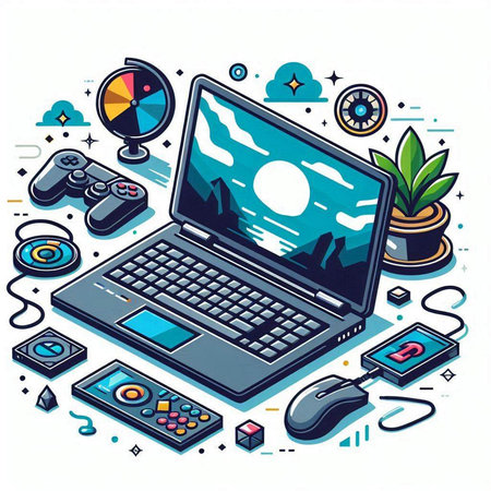Vector isometric illustration with laptop, gamepad, mouse and other objects on white background.のイラスト素材