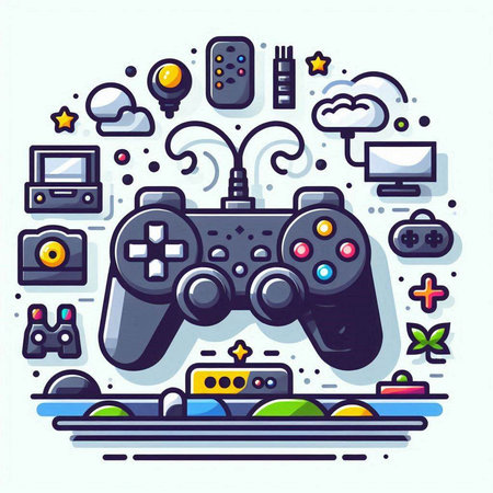 Gamepad, video game console and other gaming equipment. Vector illustration.のイラスト素材