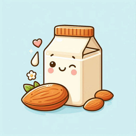 Almond milk in a glass jar with cute cartoon character. Vector illustrationのイラスト素材