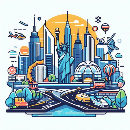 New York City, USA. Flat line art vector illustration. Travel and tourism concept.のイラスト素材