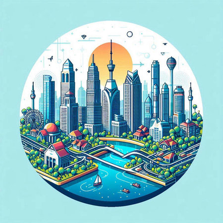 Illustration of Shanghai skyline in round shape on light blue background.のイラスト素材