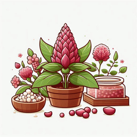 Illustration of pink flower in a pot with green leaves and seedsのイラスト素材